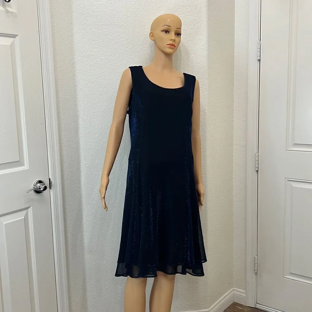Dress Sz 16 Sheer Royal Blue Metallic Lined Scoop Neck Sleeveless Midi